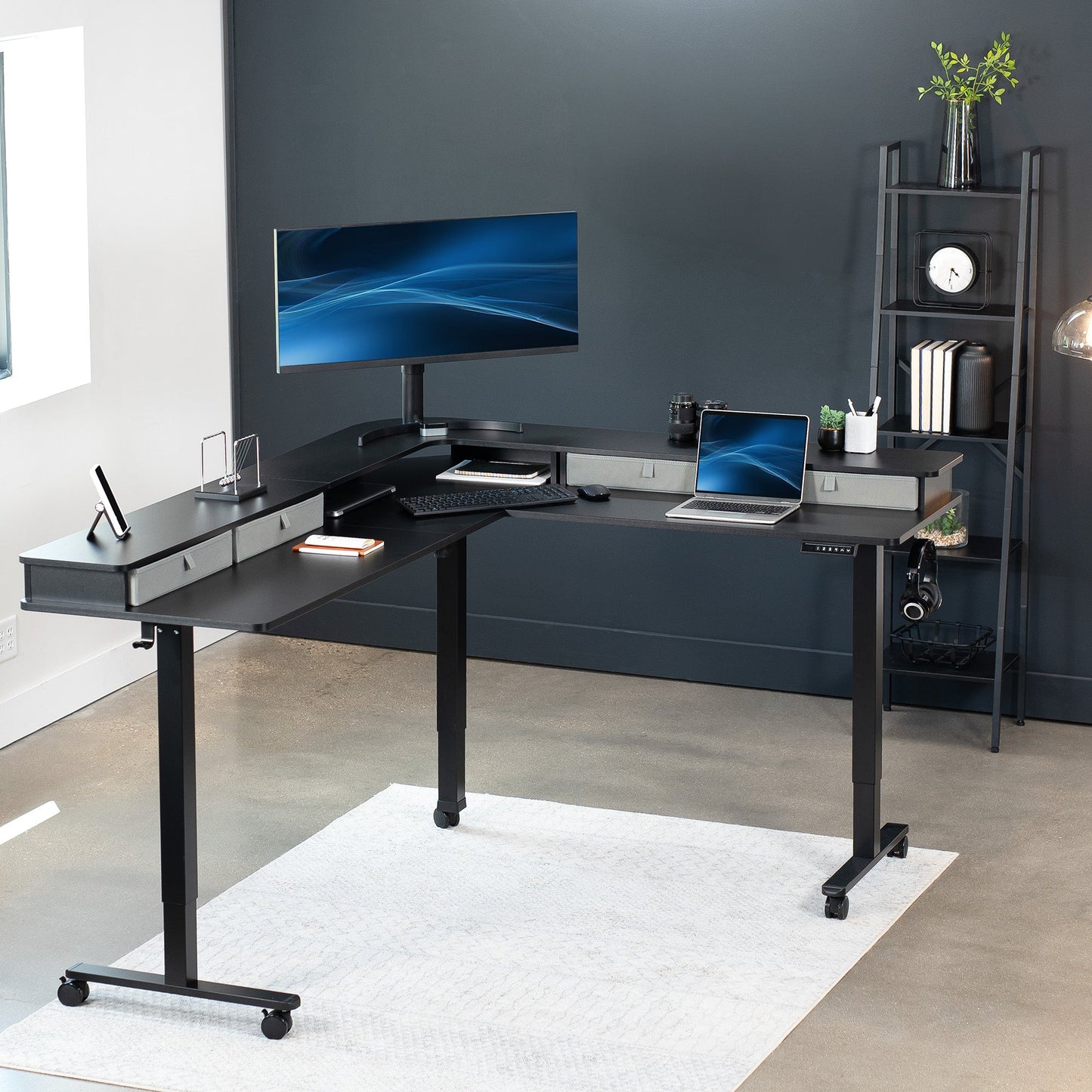 Elevate Your Workspace: Stylish Two-Tier Corner Electric Desk with Ample Storage