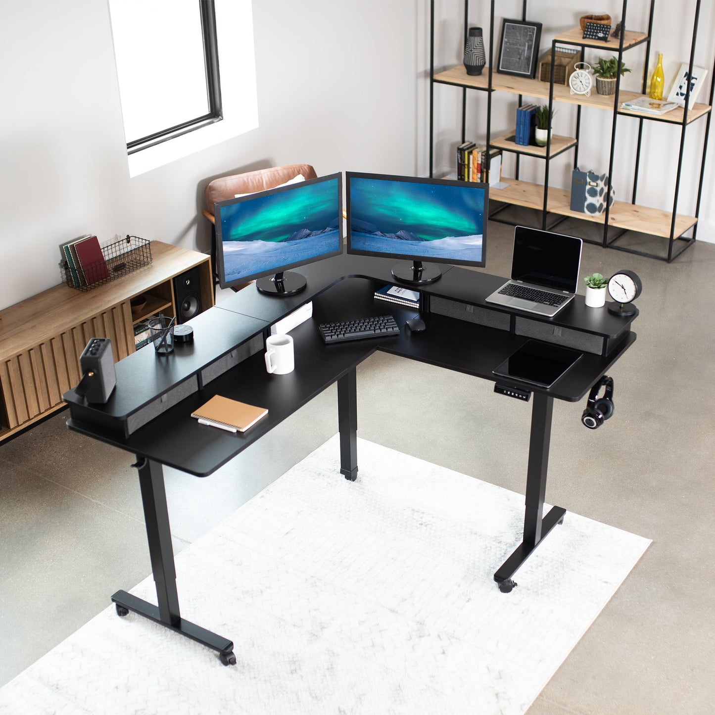 Elevate Your Workspace: Stylish Two-Tier Corner Electric Desk with Ample Storage