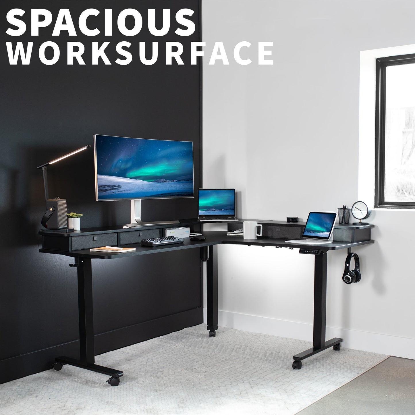 Elevate Your Workspace: Stylish Two-Tier Corner Electric Desk with Ample Storage