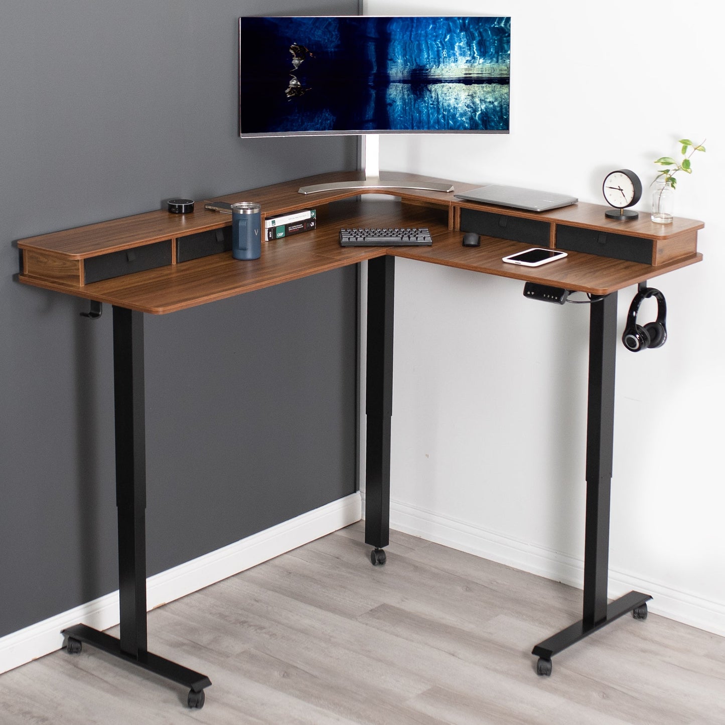 Elevate Your Workspace: Stylish Two-Tier Corner Electric Desk with Ample Storage