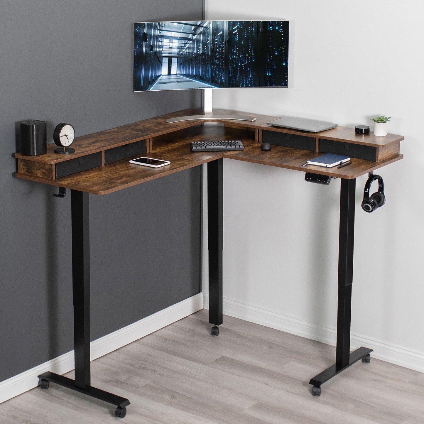 Elevate Your Workspace: Stylish Two-Tier Corner Electric Desk with Ample Storage