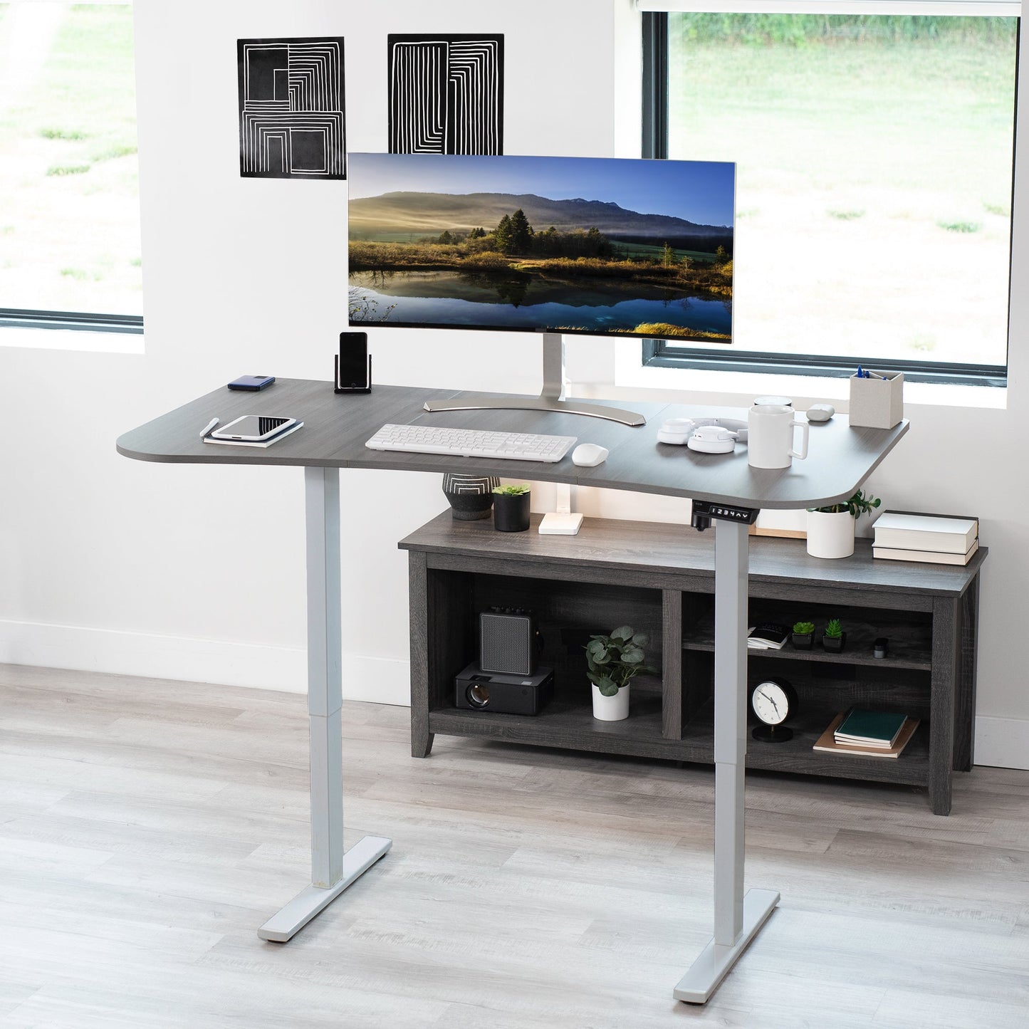 Spacious 63" x 32" Electric Height Adjustable Desk with Convenient Push Button Memory Control