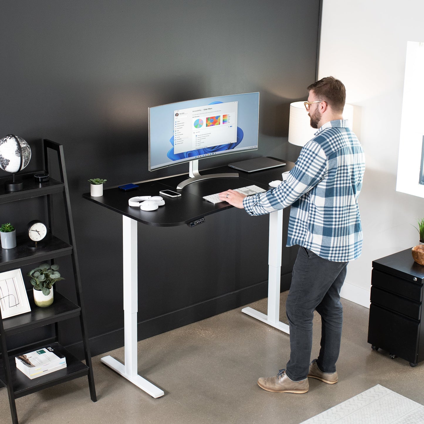 Spacious 63" x 32" Electric Height Adjustable Desk with Convenient Push Button Memory Control