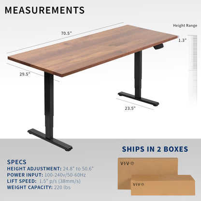 Stylish Solid Walnut & Black Electric Standing Desk - 71" x 30