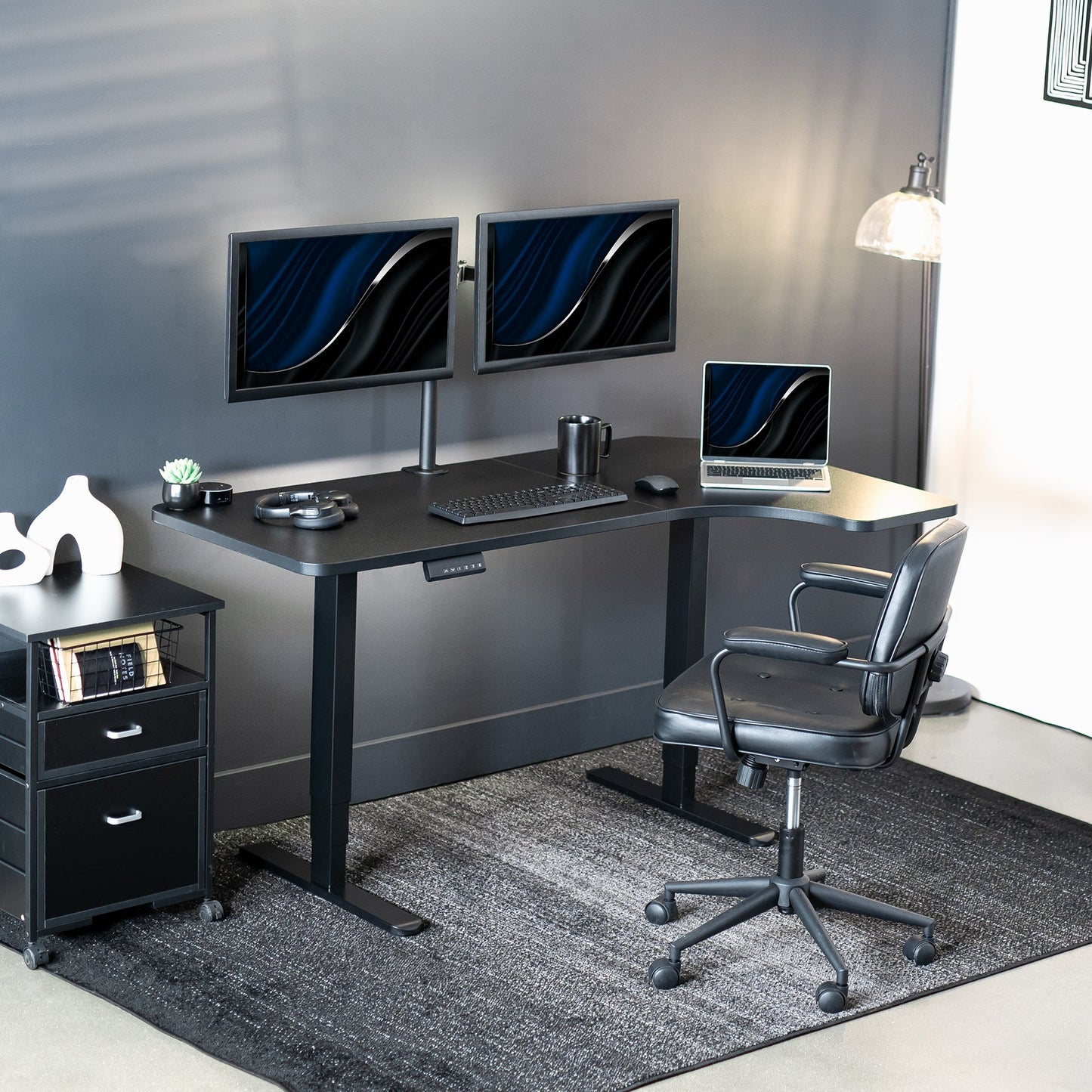 Sleek Black Reversible Corner Electric Desk - Spacious 58" x 35" with Dual Motor Height Adjustment