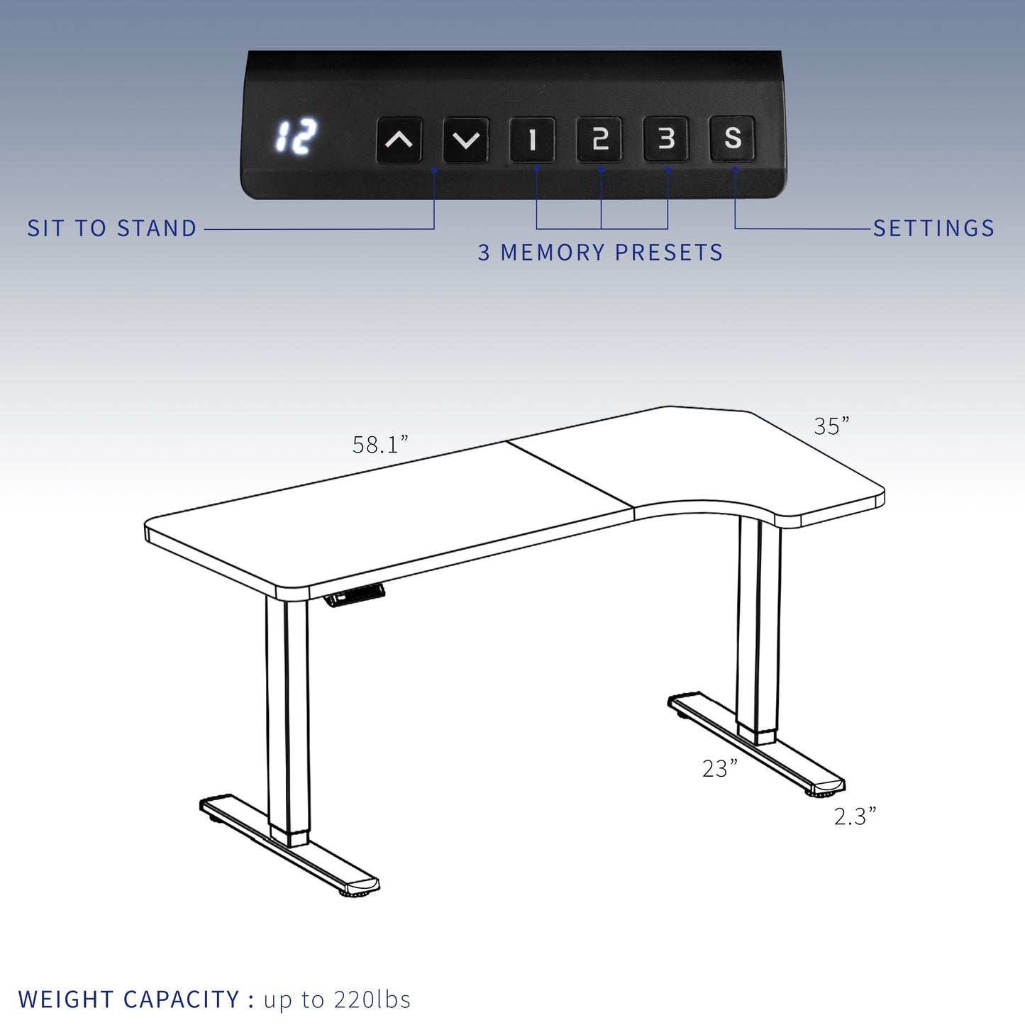 Sleek Black 58" x 35" Dual Motor Corner Electric Desk with Convenient Push Button Memory Control