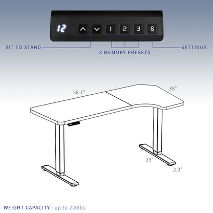 Sleek Black 58" x 35" Dual Motor Corner Electric Desk with Convenient Push Button Memory Control