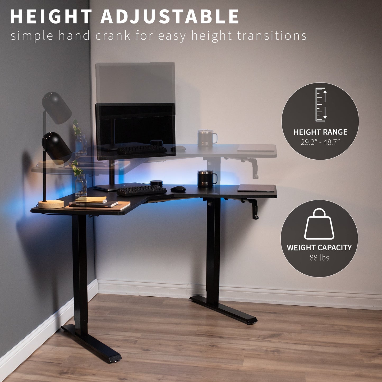 Sleek Black 47" x 47" Corner Desk with Manual Height Adjustment - Perfect for Your Workspace!