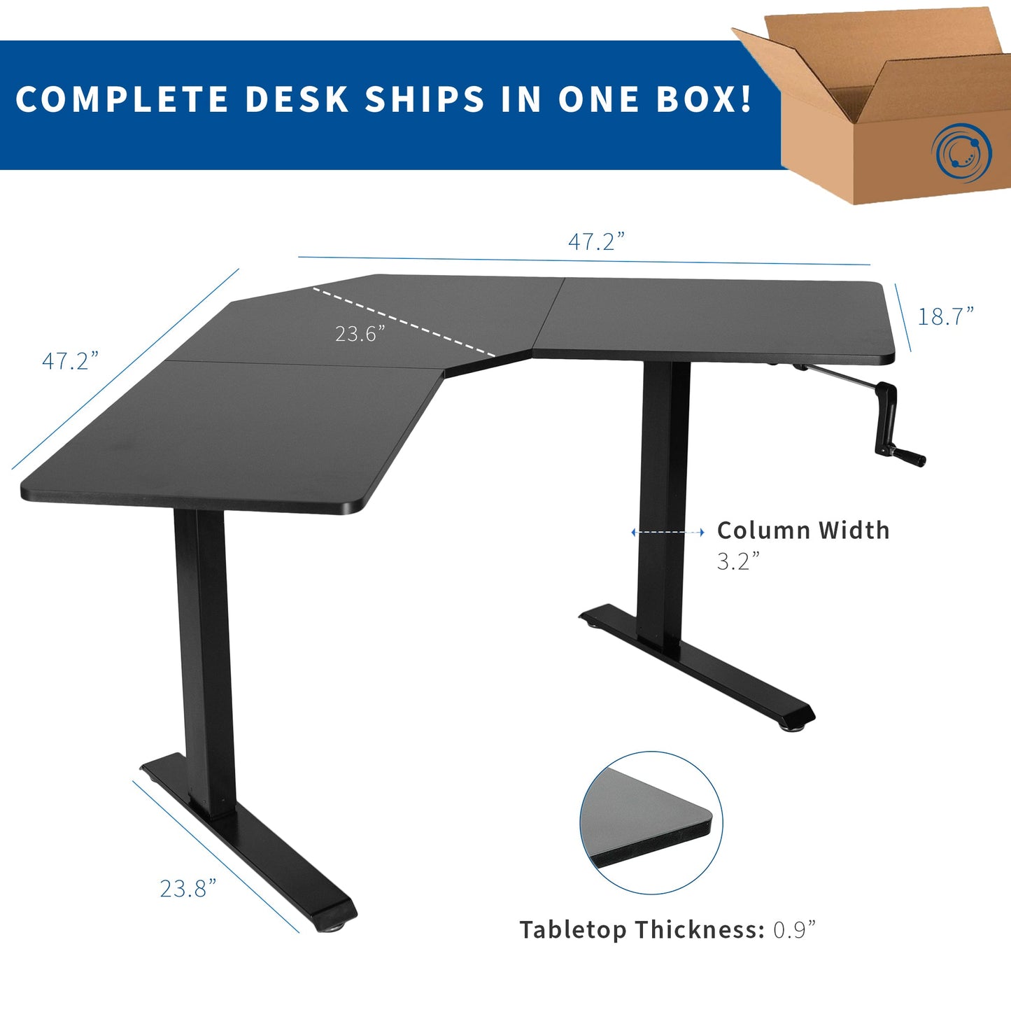 Sleek Black 47" x 47" Corner Desk with Manual Height Adjustment - Perfect for Your Workspace!